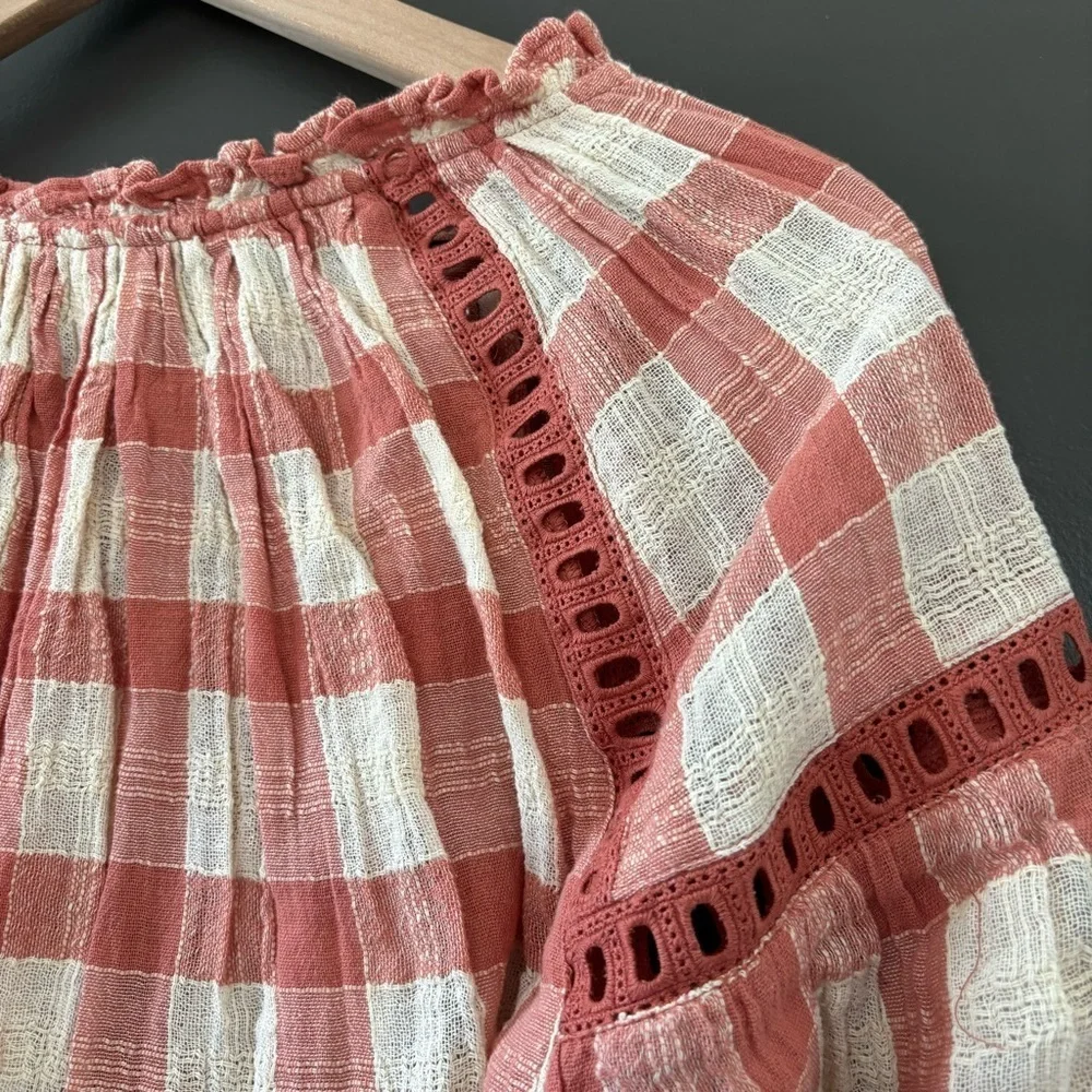 NWT Free People Honey Grove Knit Pink Plaid Long Sleeved Blouse Size M